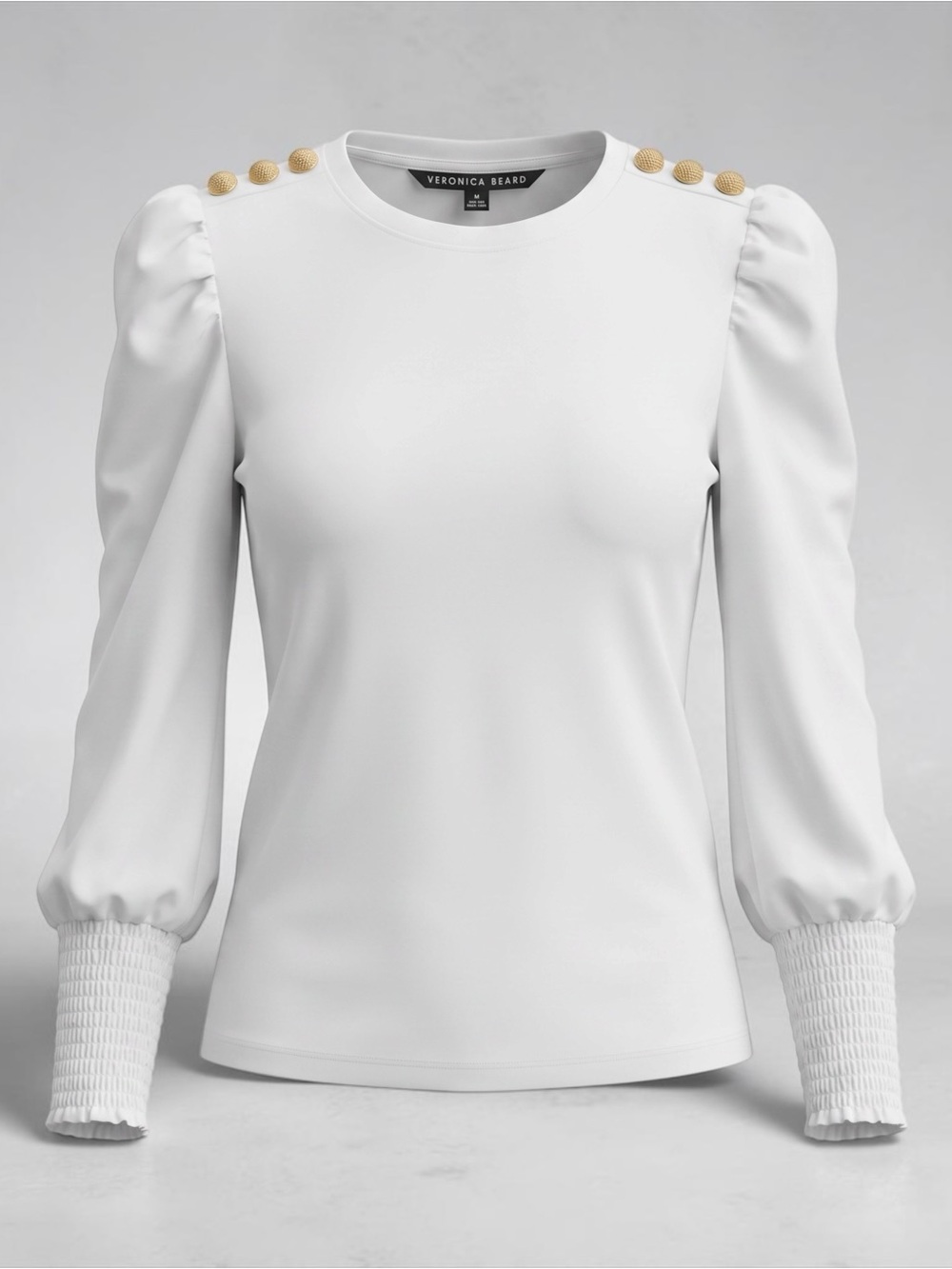 Veronica Beard White Puff-Sleeve Long-Sleeve Top with Gold Buttons
